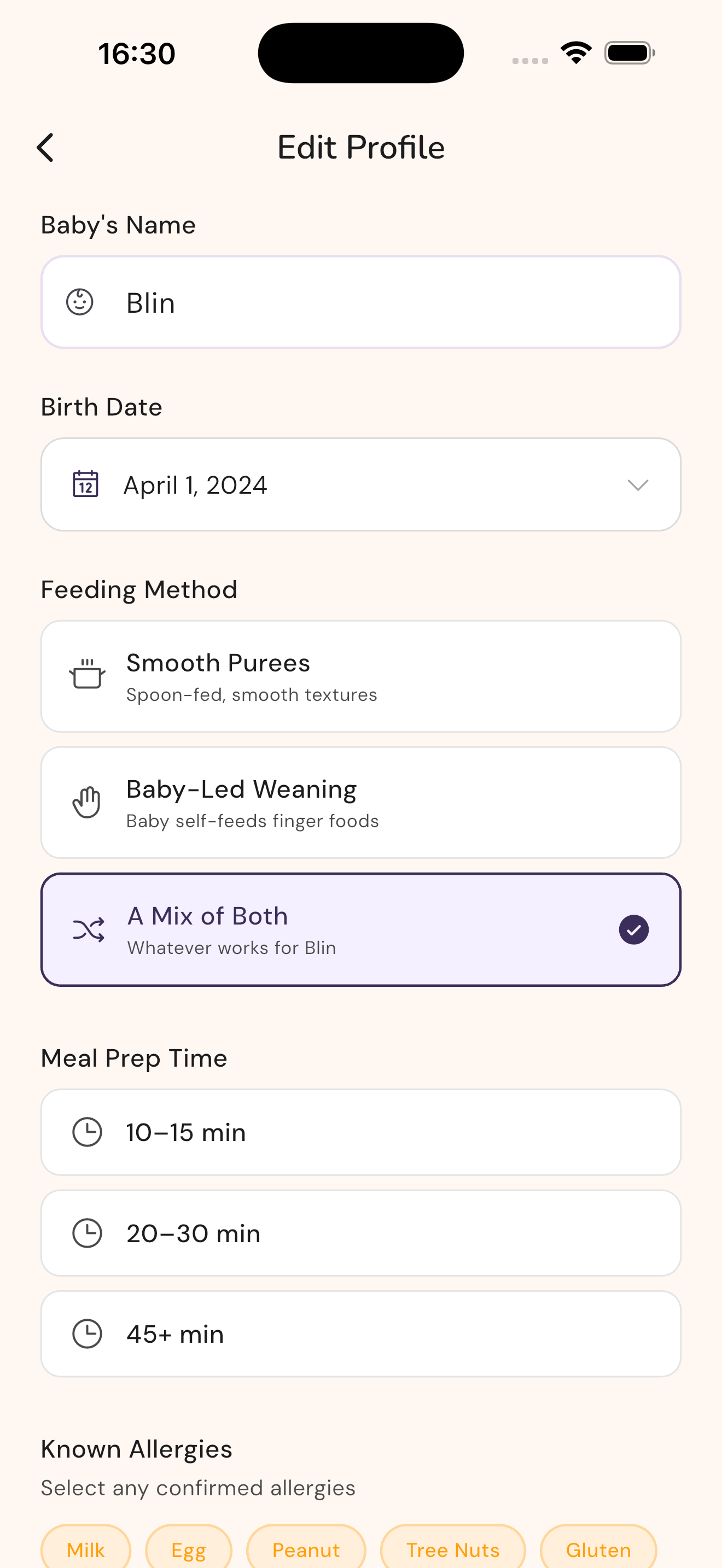Nica baby profile screen, age, allergies, foods tried